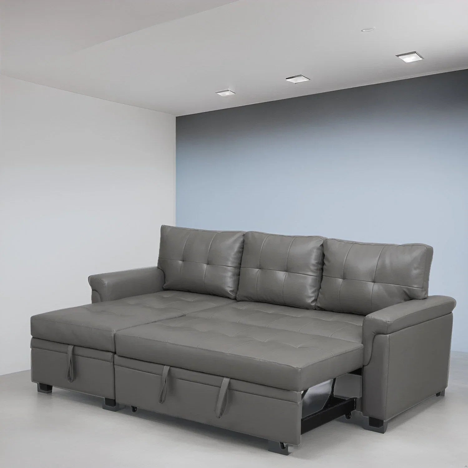 Divano sezionale reversibile con letto estraibile, chaise longue con contenitore nascosto, gambe durevoli,