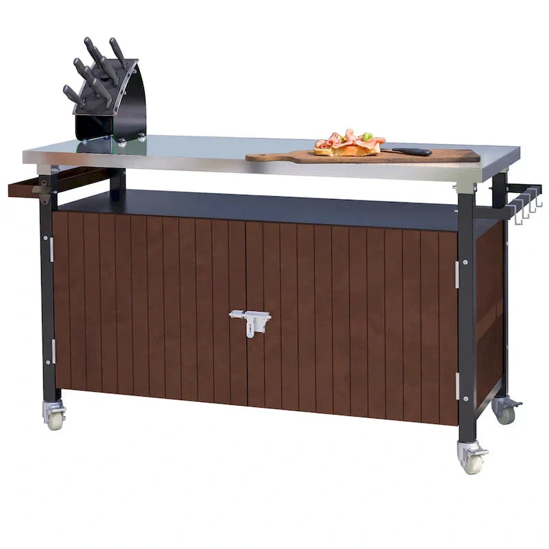 Carrello per Barbecue da Esterno con Piano in Acciaio Inox (sgabello non incluso)