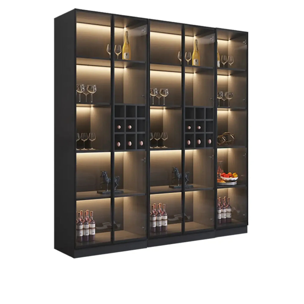 Mobile portabottiglie minimalista in legno nero con anta in vetro