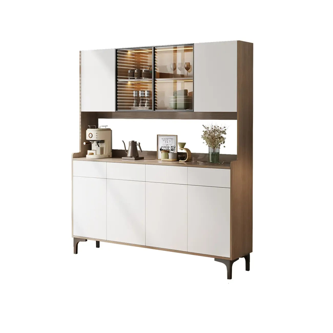 Credenza grande in legno e vetro con alzata superiore