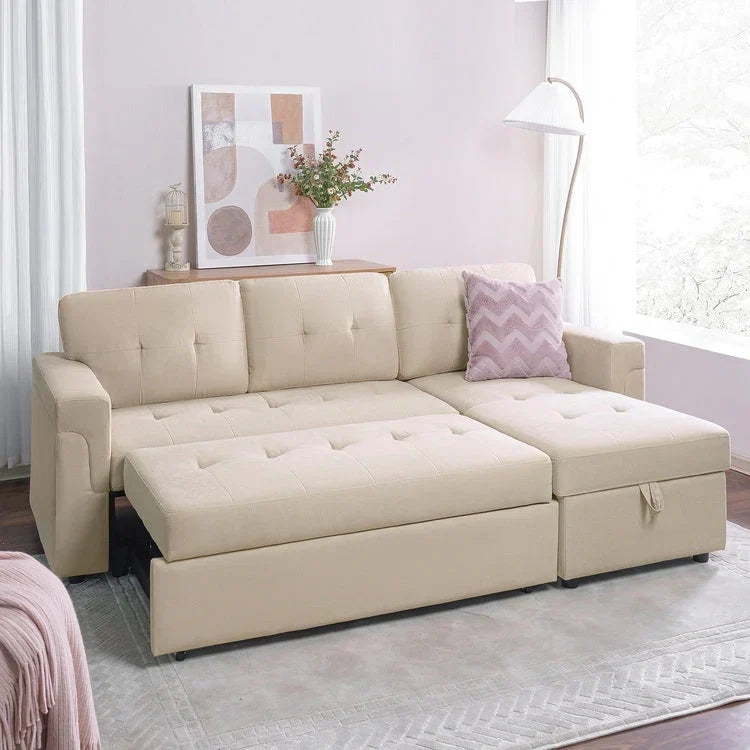 Divano sezionale reversibile con letto estraibile, chaise longue con contenitore nascosto, gambe durevoli,
