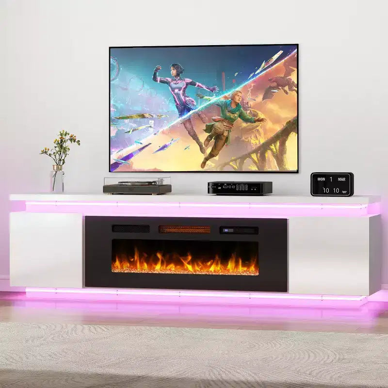 Mobile TV Skyzoo con camino elettrico per TV fino a 80" con luci a LED e 4 prese CA, console TV per soggiorno