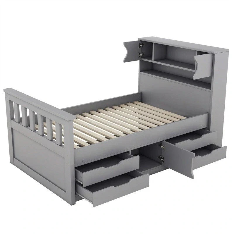 Letto a piattaforma Twin/Full Size Captain con 4 cassetti e mensole portaoggetti, struttura letto in legno massello con testiera libreria contenitore