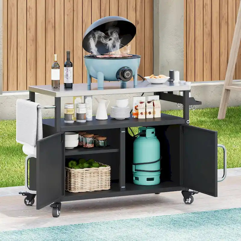 Isola da cucina per esterni con piano in acciaio inossidabile, carrello per barbecue in metallo con armadio di stoccaggio - N/A