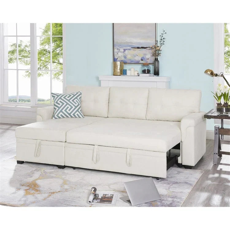 Divano componibile convertibile reversibile con letto estraibile, chaise longue con contenitore nascosto e gambe durevoli
