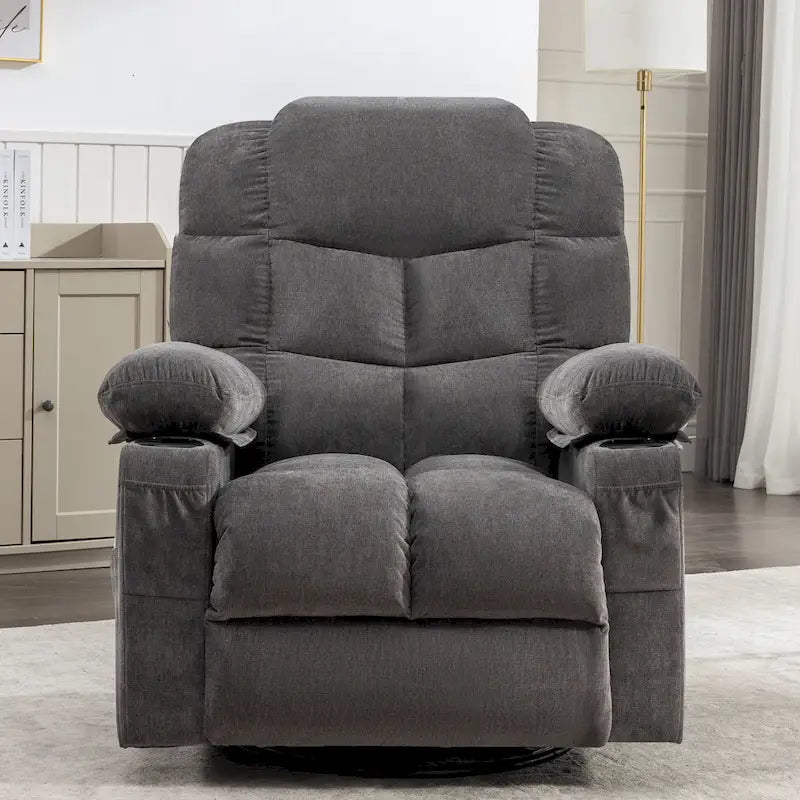 Poltrona reclinabile oversize grigia con calore e massaggio, reclinazione a 150°, oscillazione a 30°, ricarica USB e 2 portabicchieri