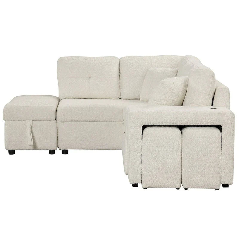 Divano componibile con letto estraibile e pouf contenitore, divano letto convertibile per soggiorno