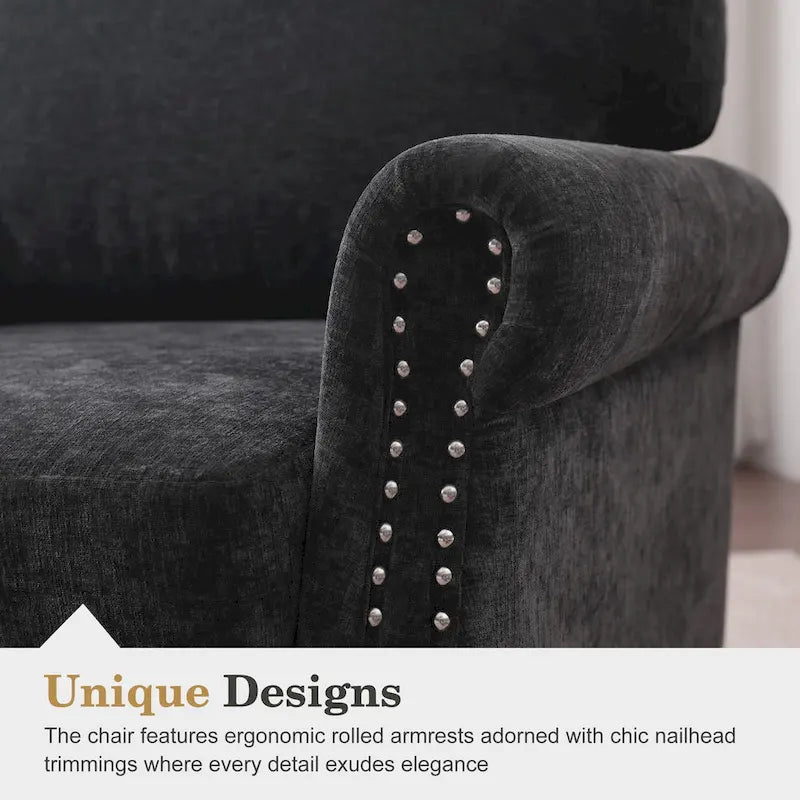 Poltrona moderna imbottita con borchie e gambe in legno