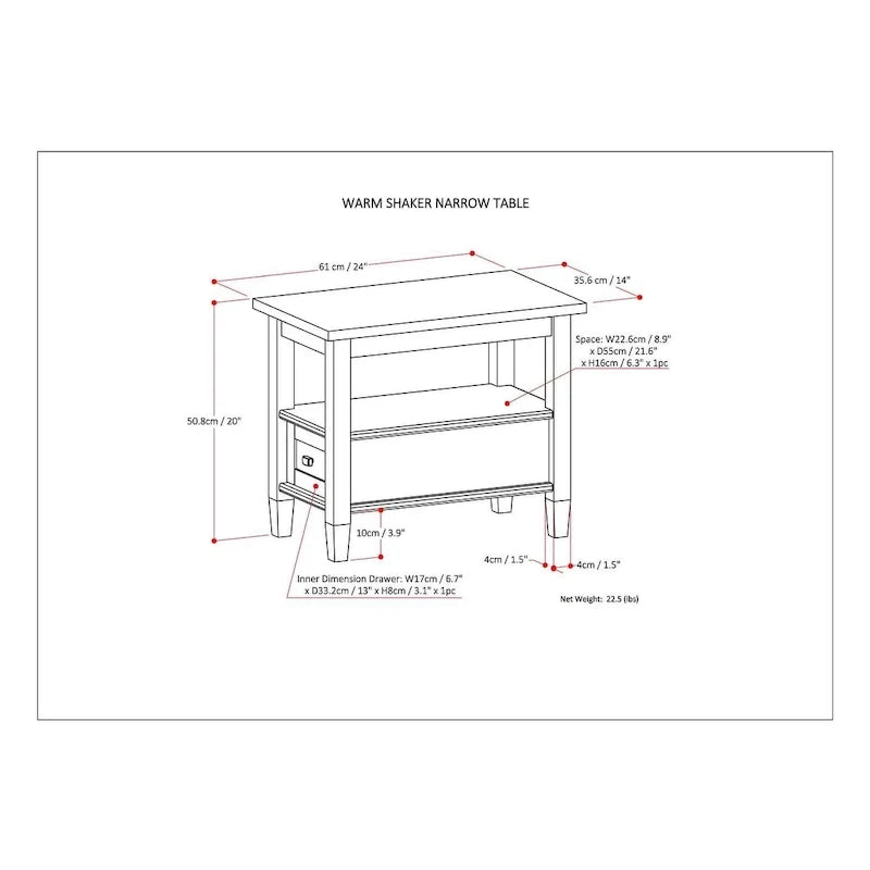 WYNDENHALL Norfolk TAVOLINO LATERALE STRETTO RETTANGOLARE TRADIZIONALE IN LEGNO MASSELLO, LARGHEZZA 14 POLLICI - 14 pollici di larghezza