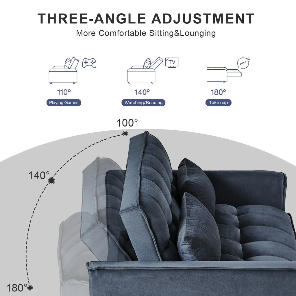 Moderno divano letto estraibile, divano letto 3-in-1 con schienale regolabile, divanetto in velluto, cuscini e tasche laterali