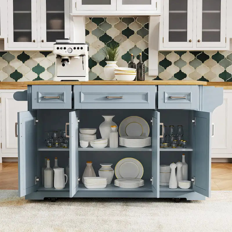 54 - Grande isola cucina con anta a ribalta in legno di gomma, carrello da cucina scorrevole con texture in rilievo su 4 ruote con 4 ante e 3 cassetti