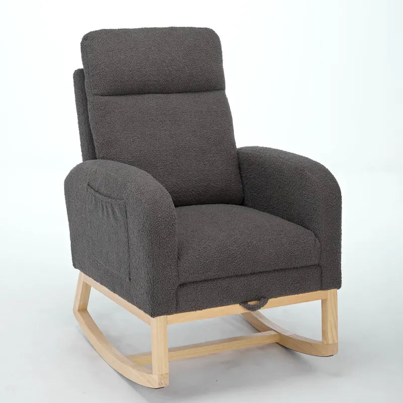 Poltrona a dondolo moderna con schienale alto da 75 cm, imbottita, con gambe in legno massello e poggiapiedi regolabile