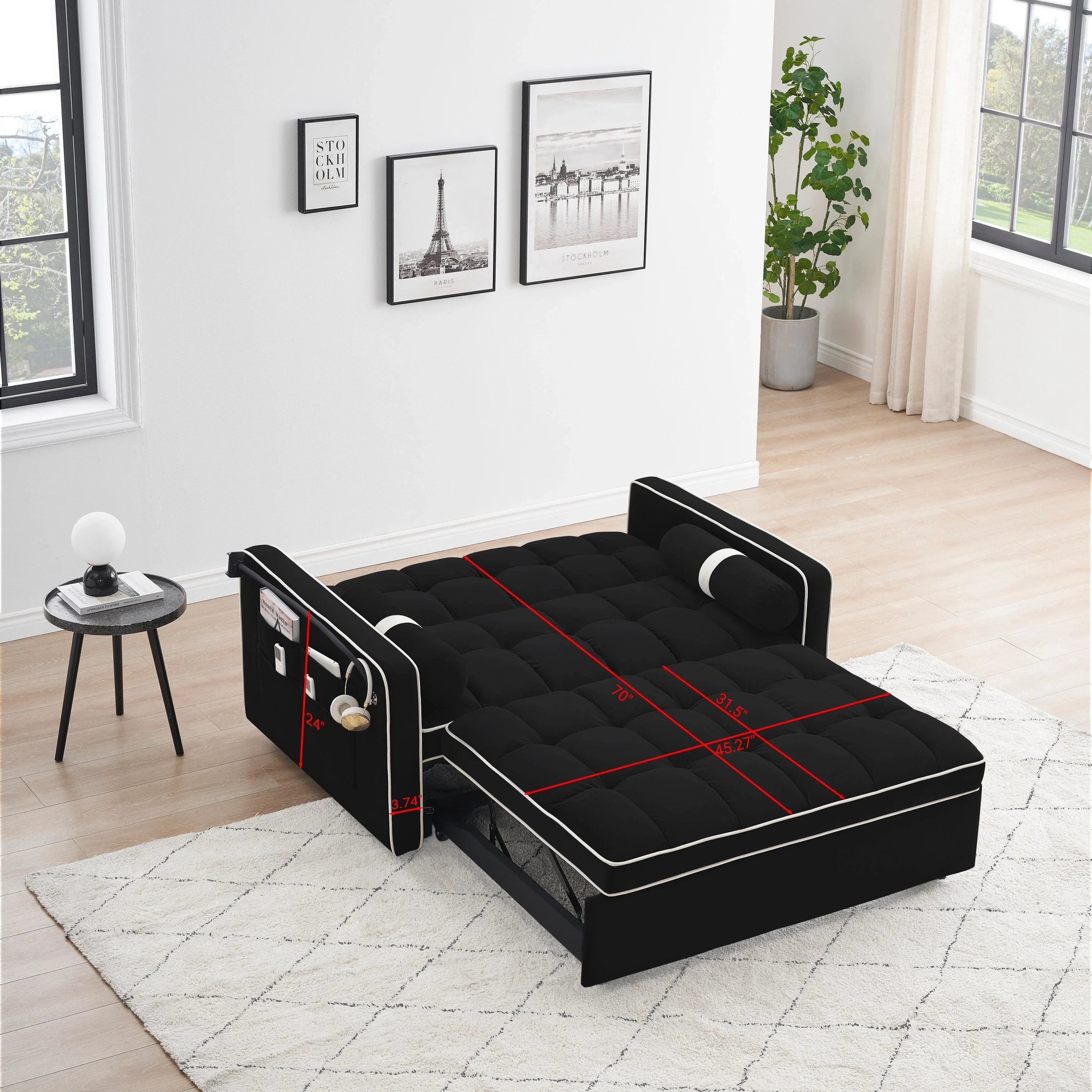 Divano letto trasformabile a 2 posti in velluto da 140 cm con letto estraibile, reclinabile, tasche laterali e supporto per telefono