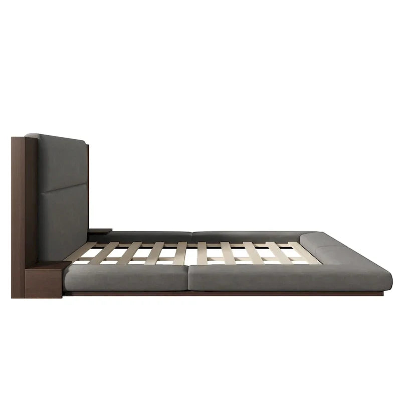 Letto imbottito King Gray Floor a basso profilo con testiera estesa in legno, mensole comodino integrate