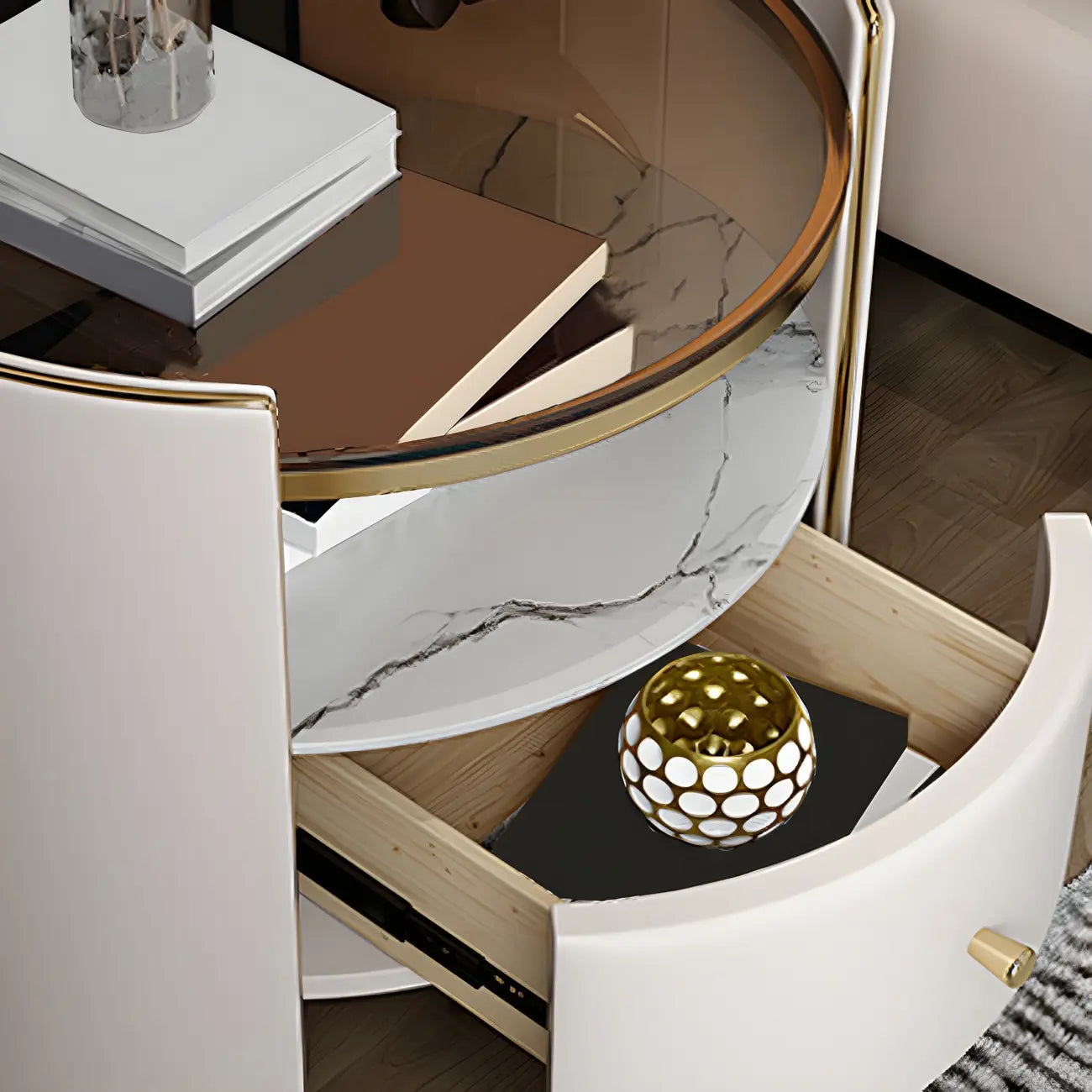 Comodino di Lusso con Piano in Vetro, Cassetto Contenitore e Vano Aperto