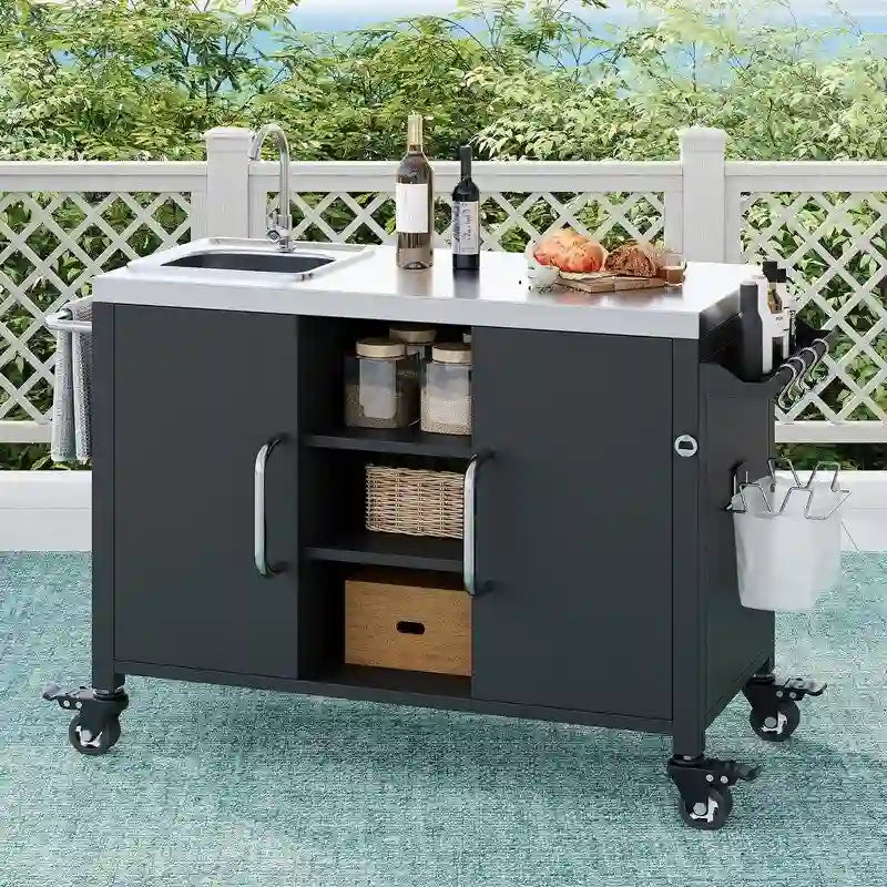 Isola cucina da esterno con lavello, Lavello portatile da esterno con 4 ruote bloccabili