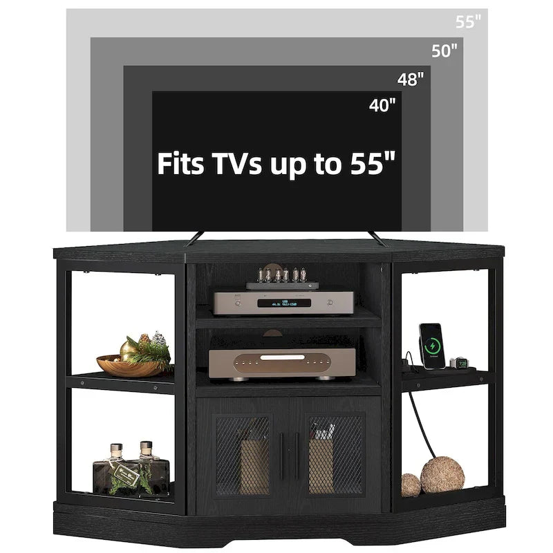 Mobile TV ad angolo in stile rustico con presa di corrente, per TV fino a 55 pollici