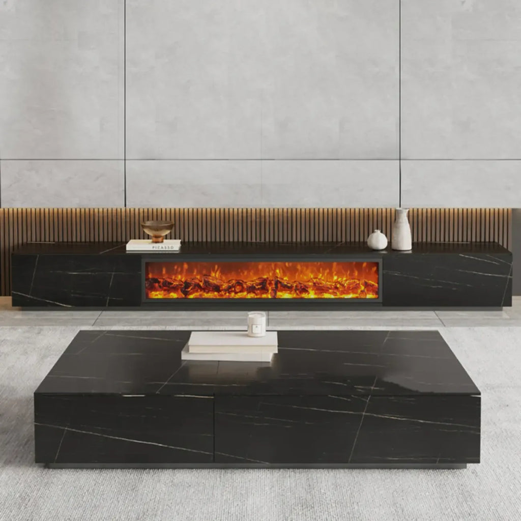 87 Mobile TV in pietra per caminetto elettrico nero rettangolare con luce