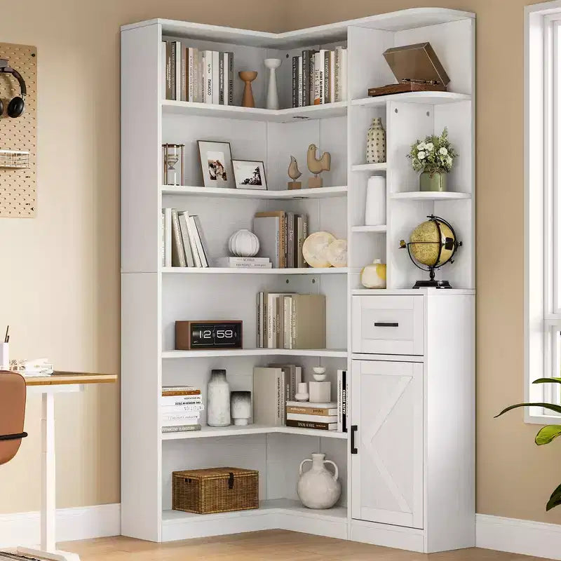 Libreria angolare, librerie angolari alte 74 pollici, libreria a forma di L a 6 livelli con ripiani aperti e cassetti portaoggetti per soggiorno o ufficio domestico
