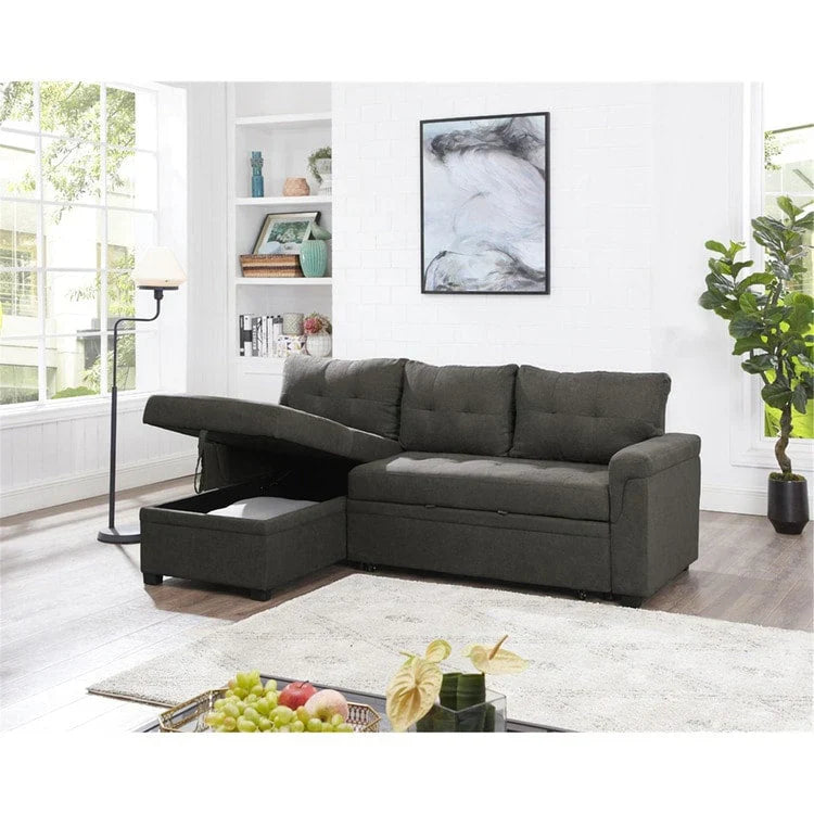 Divano componibile convertibile reversibile con letto estraibile, chaise longue con contenitore nascosto e gambe durevoli