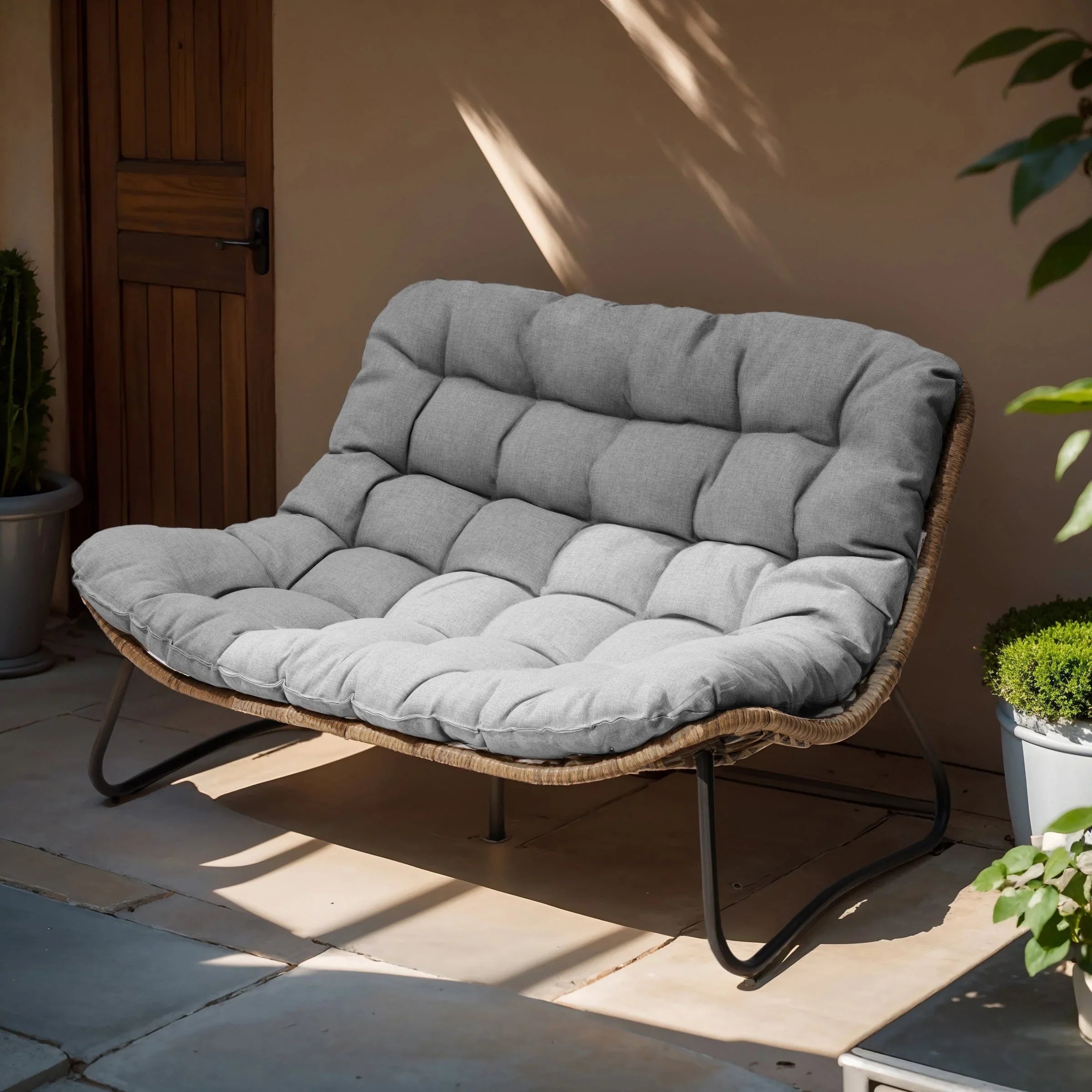 Divanetto due posti Double Papasan con cuscino, in rattan PE per tutte le stagioni e struttura in metallo per interni ed esterni