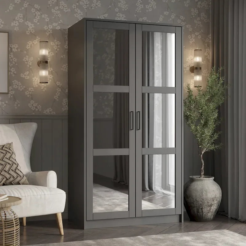 Armadio Urban a 2 ante in 100% legno massello con ante piene e a specchio