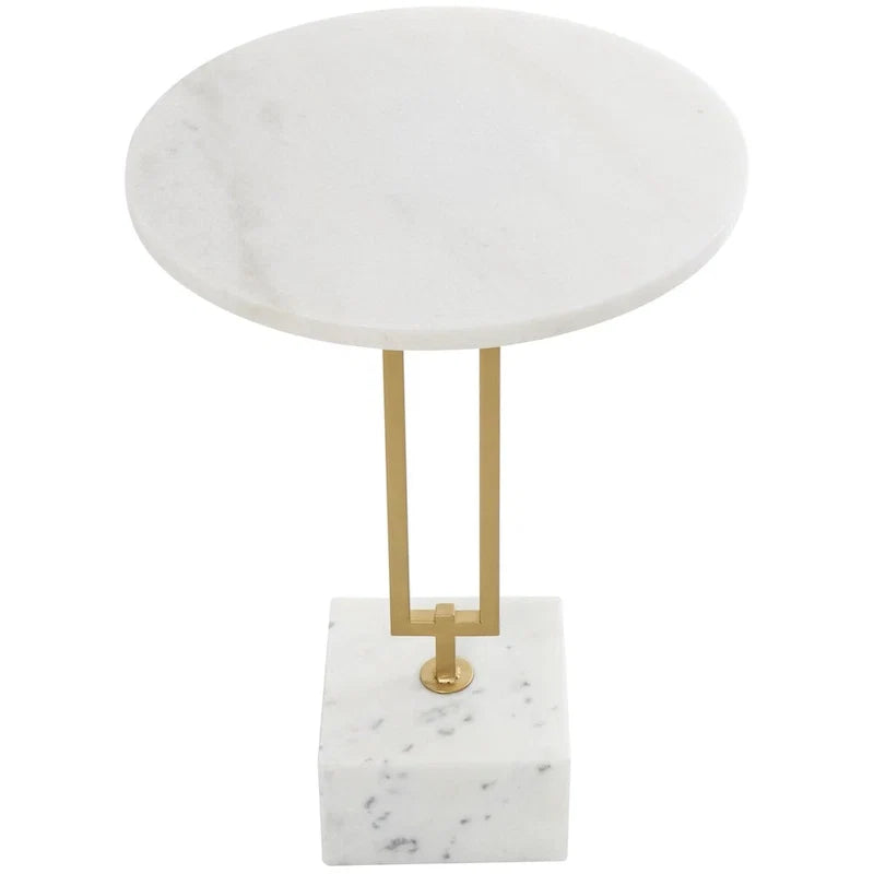 Tavolino d'appoggio/laterale geometrico in marmo con base rettangolare in metallo dorato - Bianco