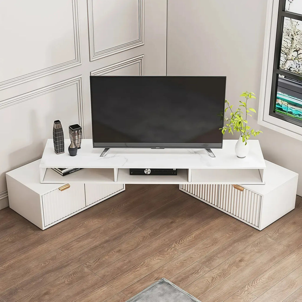 Mobile TV angolare con 2 cassetti e vani a giorno, bianco moderno