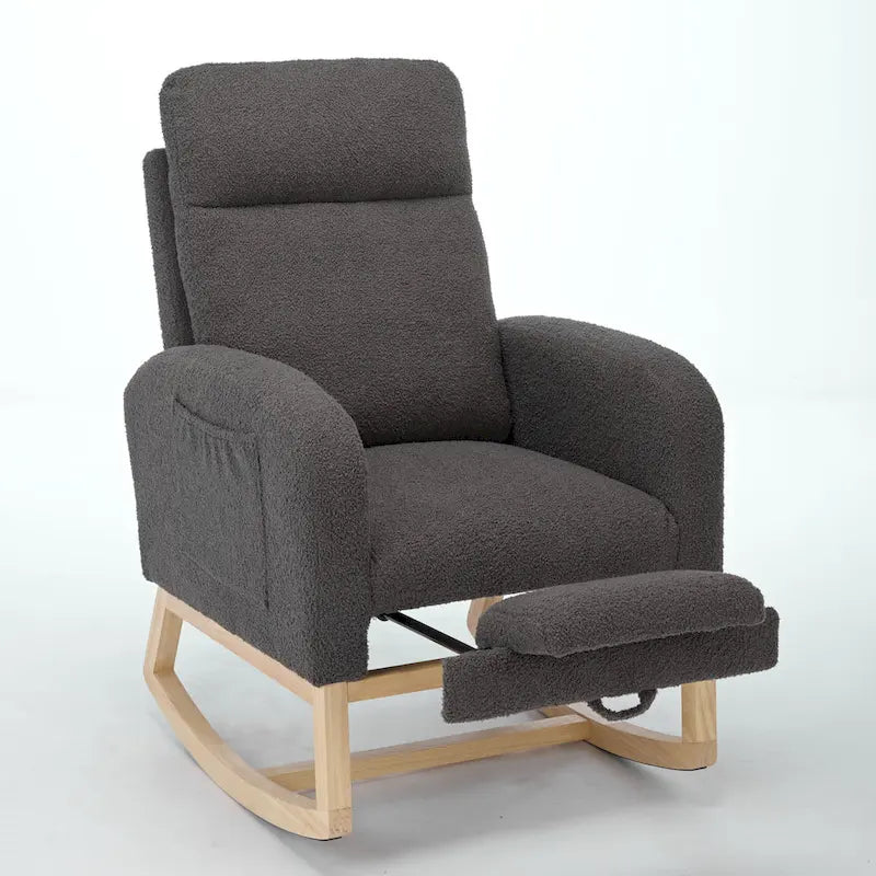 Poltrona a dondolo moderna con schienale alto da 75 cm, imbottita, con gambe in legno massello e poggiapiedi regolabile