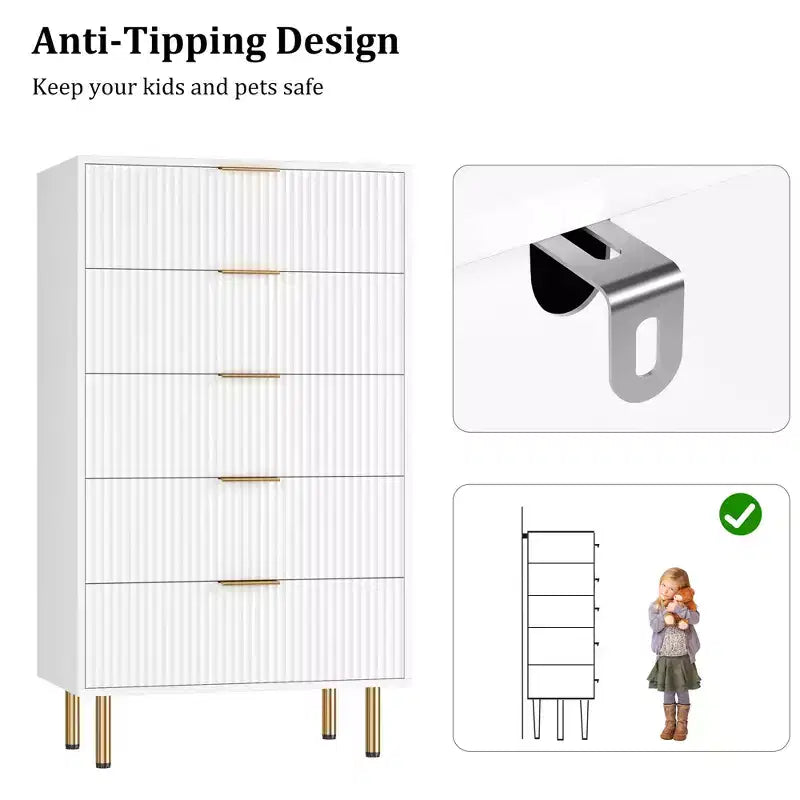 Commode 5 tiroirs Blanc / Marbre et Bois – Panneau cannelé, pour 1 personne