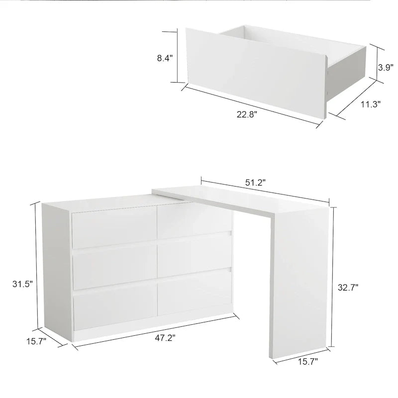 Cassettiera e Scrivania Girevole a 32,7H, con 6 Cassetti, Tavolo da Trucco, Bianco/Nero