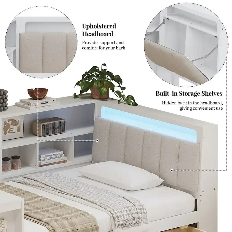 Divano Letto a "L" in Legno con Scrivania, Mobile Libreria, Letto Angolare con Cassetti Sottostanti, Testiera Imbottita con Luce Integrata