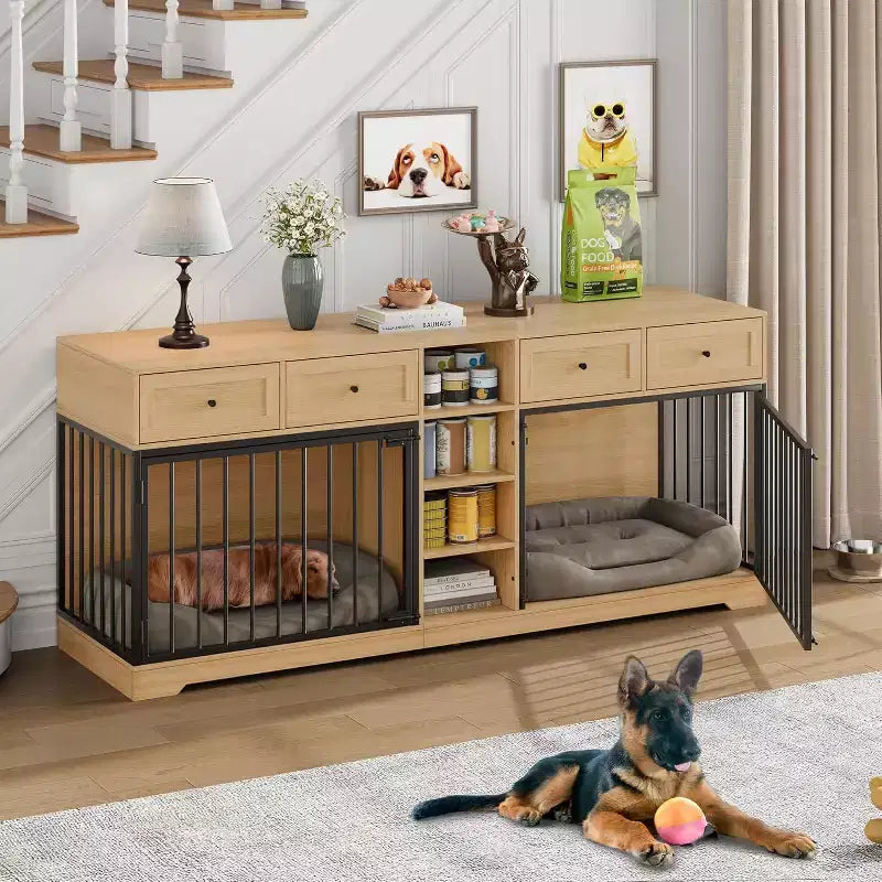 Mobile 2 Ciotole 82", Cuccia Grande per 2 Cani da Interno, Robusta Gabbia per Cani in Legno con Mobile Porta TV, 4 Cassetti e Ripiani