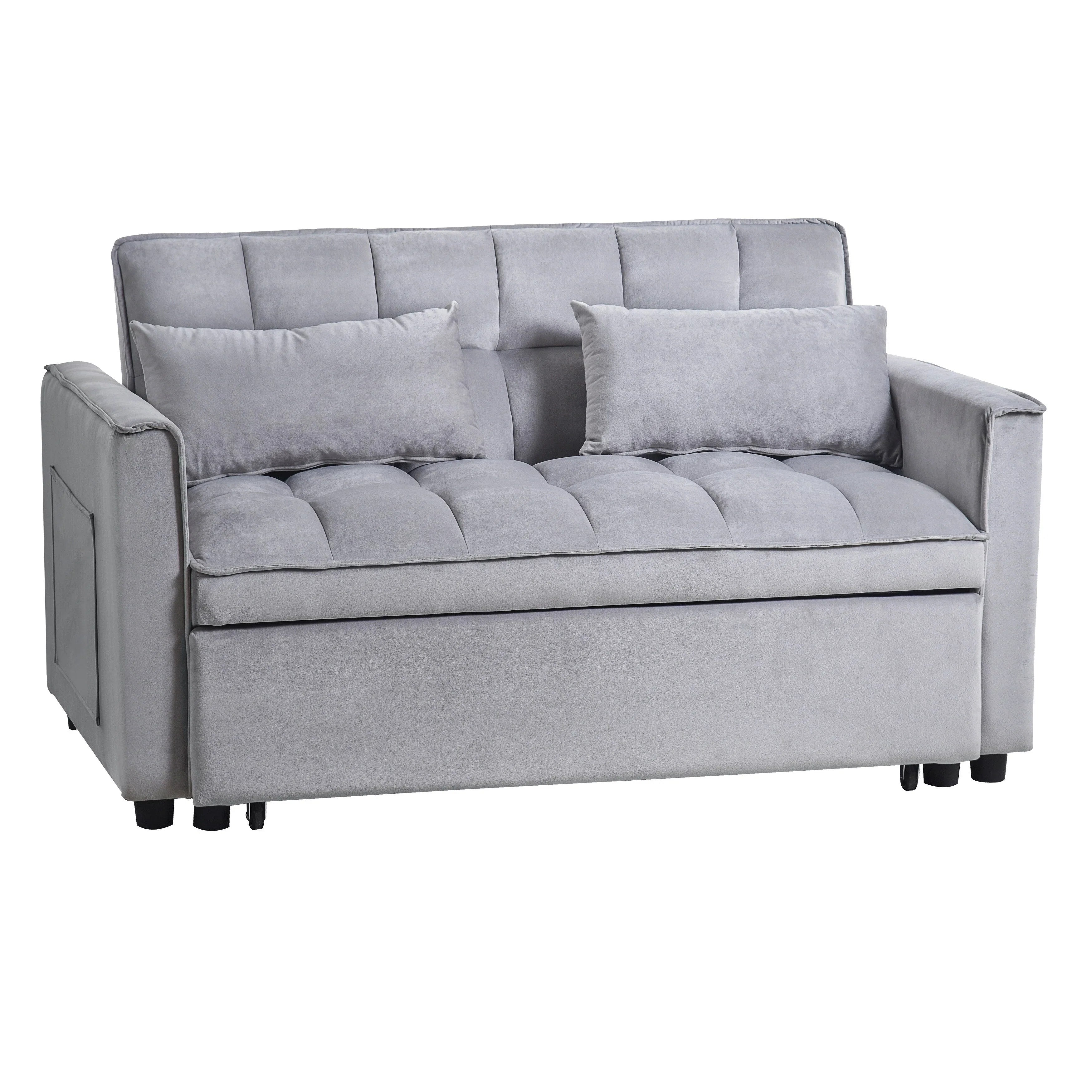 Moderno divano letto estraibile, divano letto 3-in-1 con schienale regolabile, divanetto in velluto, cuscini e tasche laterali