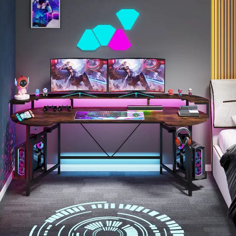 Scrivania da Gaming con Ripiano Monitor, Scrivania per PC Computer da 75 Pollici con Striscia LED