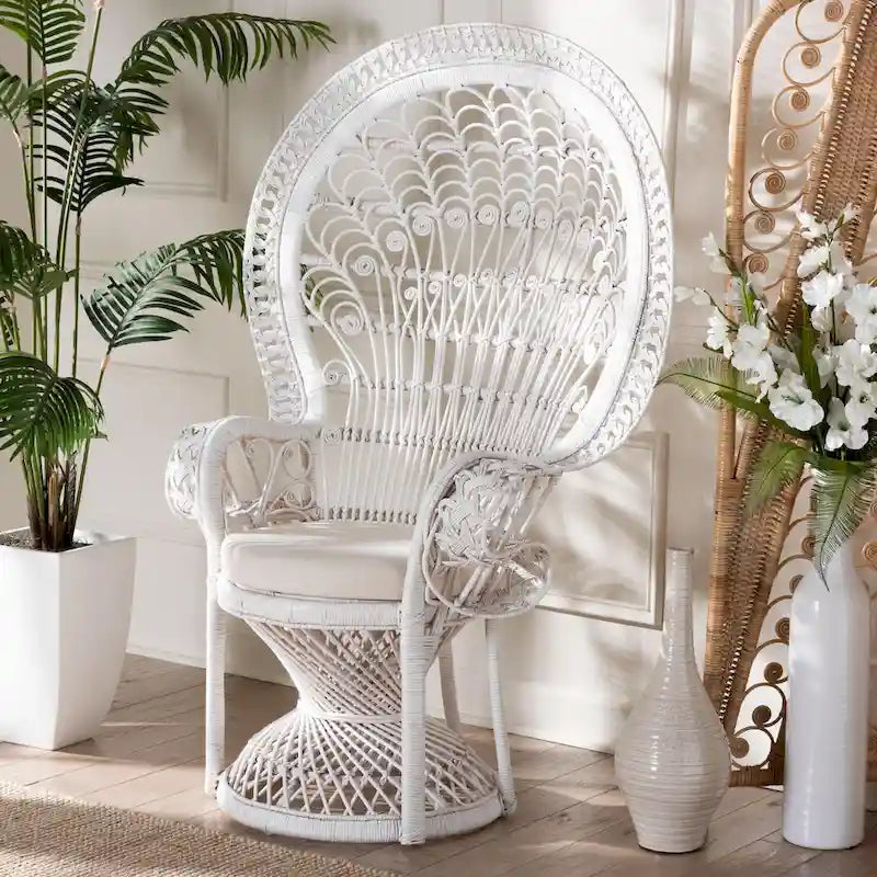 Poltrona a Pavone Moderna Bohemien in Rattan Naturale Bianco