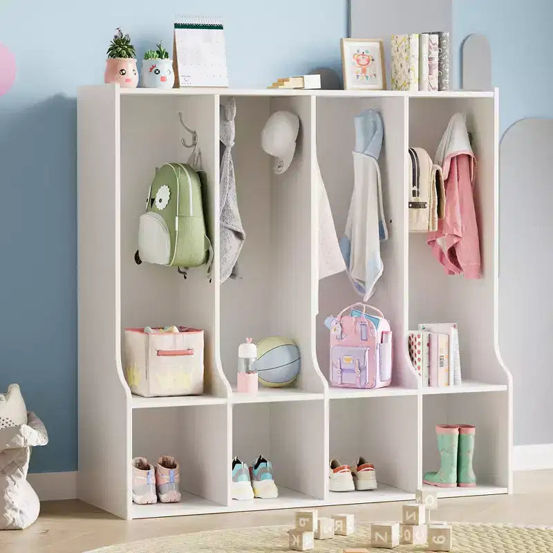 Mobiletto/armadietto a 4 scomparti marrone/bianco con 8 ganci, per bambini