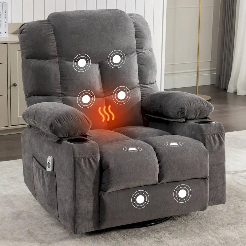 Poltrona reclinabile oversize grigia con calore e massaggio, reclinazione a 150°, oscillazione a 30°, ricarica USB e 2 portabicchieri