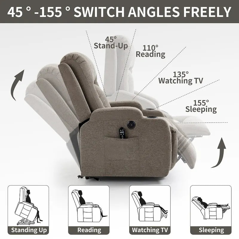Poltrona reclinabile Power Lift, poltrona massaggiante moderna a motore singolo con riscaldamento lombare, porta di ricarica USB, portabicchieri