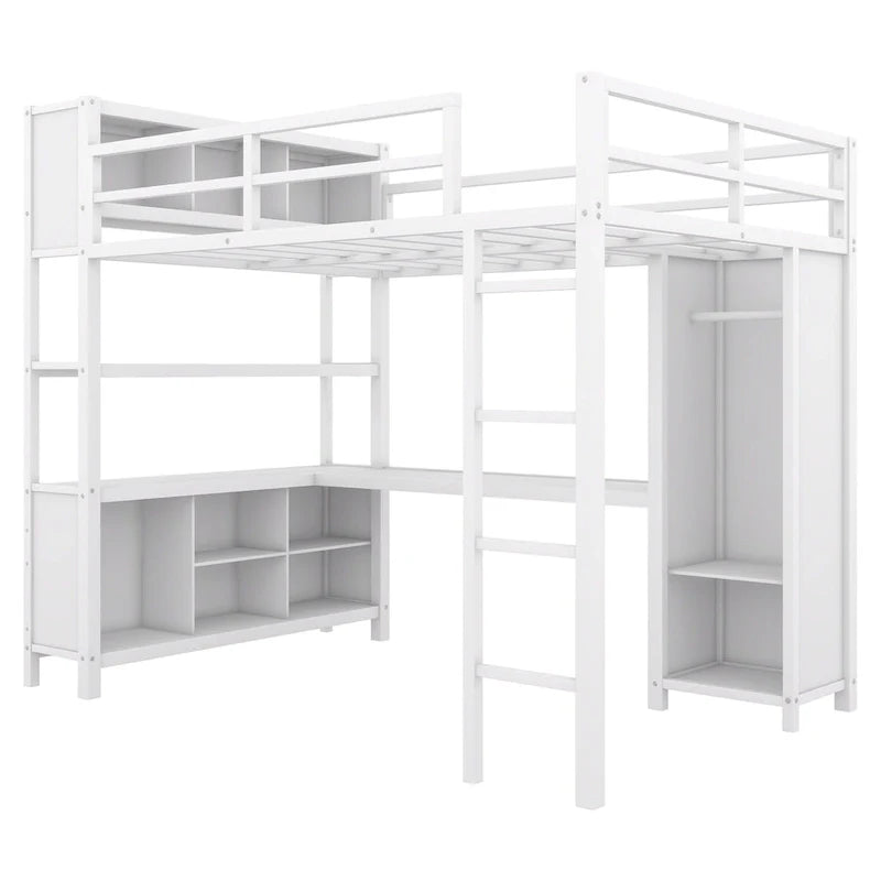 Letto a soppalco in metallo Off-White con scrivania e armadio - Matrimoniale