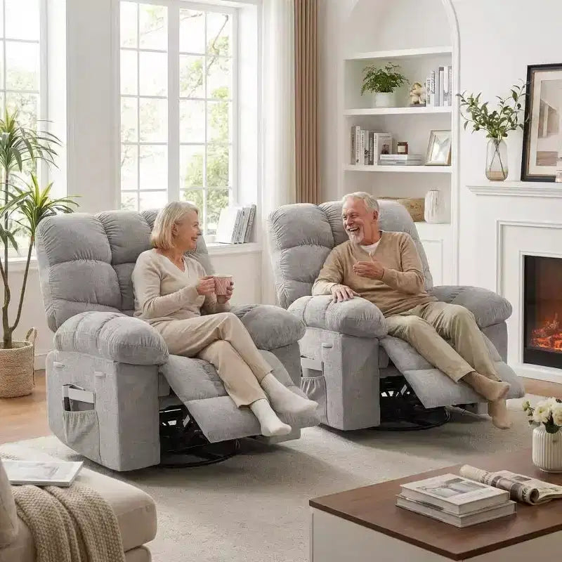 Poltrona Reclinabile Massaggiante con Calore - Girevole a 360°, Dondolo, Divano Singolo Oversize con Vibrazione, USB e Tasche Contenitore per Soggiorno/Camera da Letto
