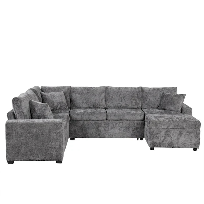 Divano sezionale in ciniglia con letto estraibile, divano letto a L con pouf contenitore, 3 cuscini e dispositivi di ricarica