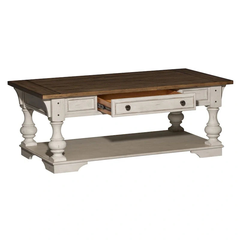 Tavolino da salotto Morgan Creek con dettagli color tabacco spazzolati in filo antico bianco