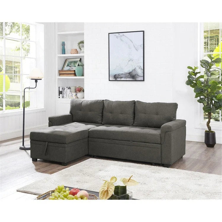 Divano componibile convertibile reversibile con letto estraibile, chaise longue con contenitore nascosto e gambe durevoli