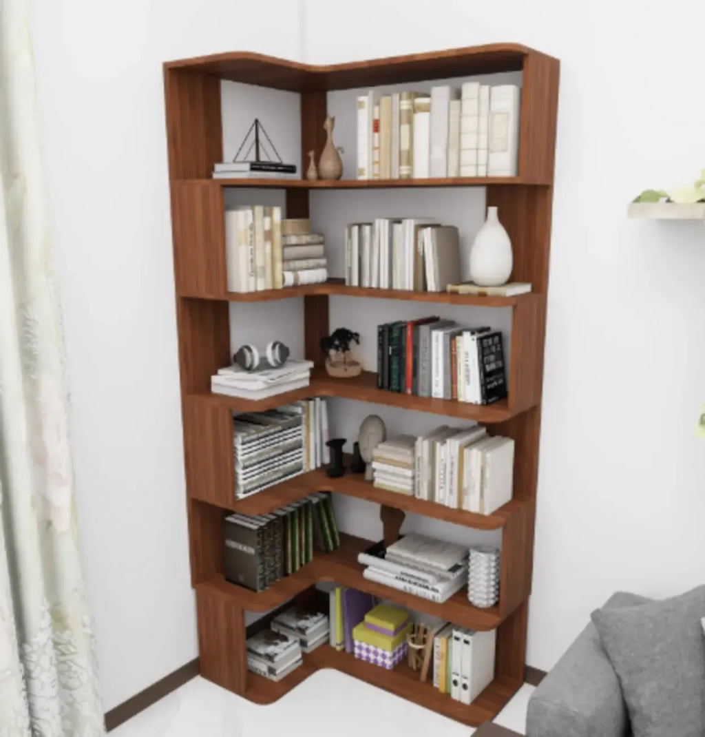 Libreria ad angolo in legno multistrato con 6 ripiani