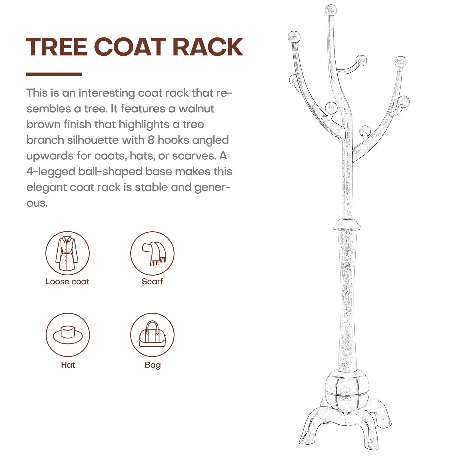 Appendiabiti da terra "ramo d'albero" in legno di gomma con 8 ganci - 24,5L x 70,87H