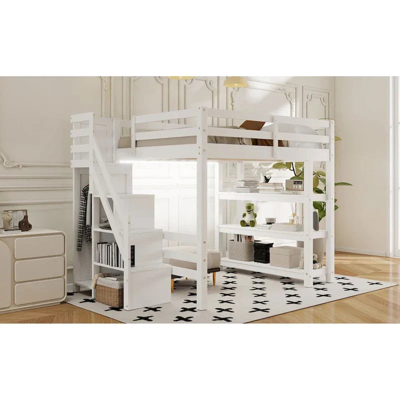 Letto a soppalco singolo/matrimoniale con scala contenitore - Ripiani, armadio e luce LED, design salvaspazio