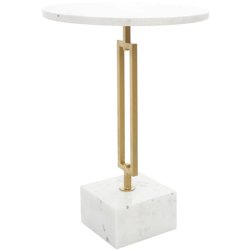 Tavolino d'appoggio/laterale geometrico in marmo con base rettangolare in metallo dorato - Bianco