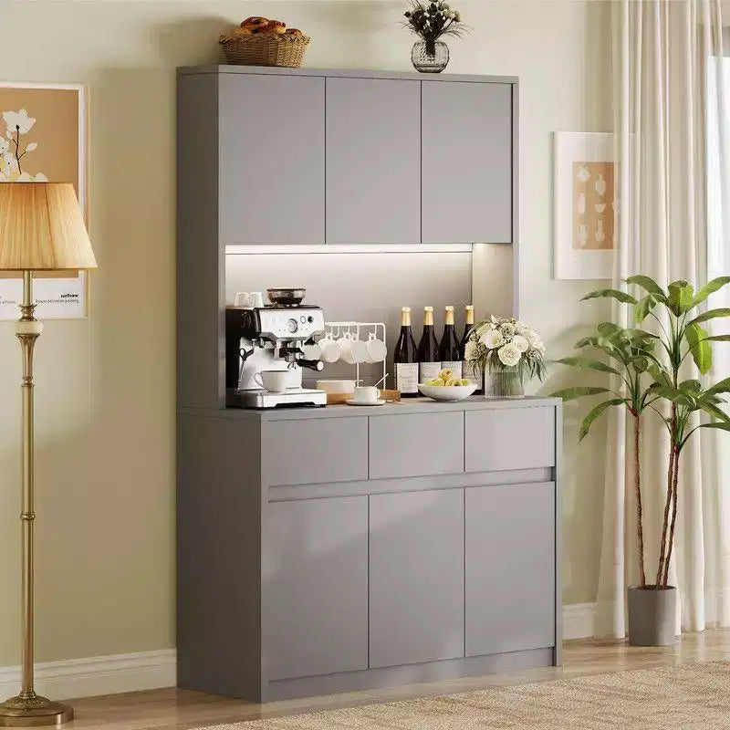 Mobile dispensa da cucina da 71 pollici, mobile dispensa con luci a LED e prese di corrente, mobile buffet con supporto per microonde, ripiani regolabili