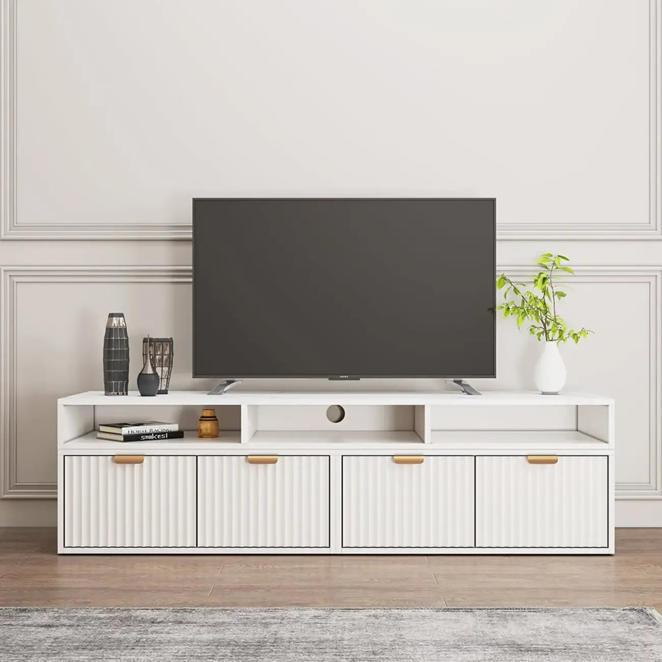Mobile TV angolare con 2 cassetti e vani a giorno, bianco moderno